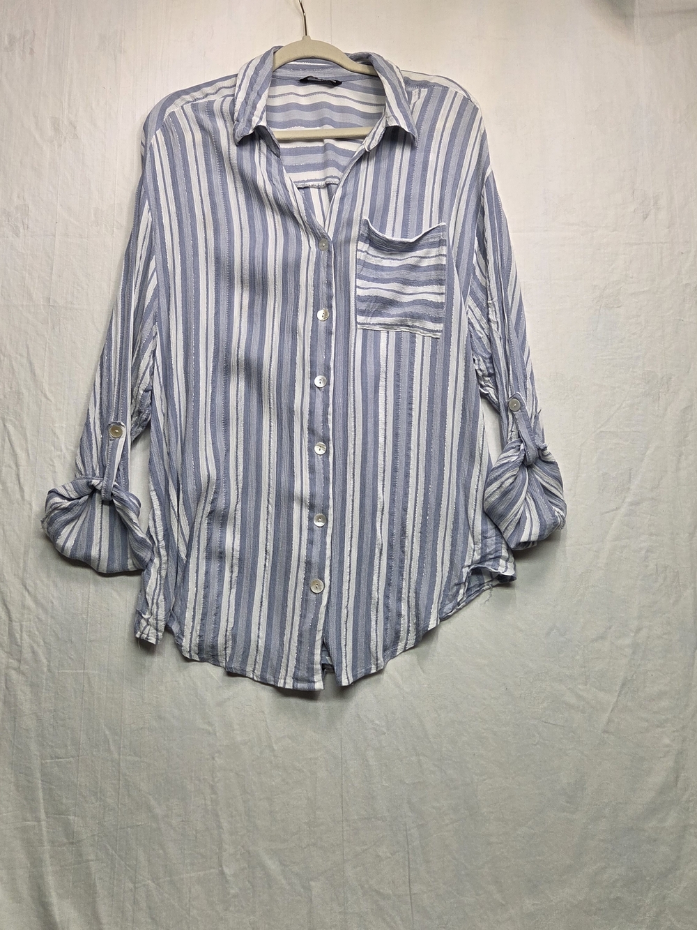 Club Z Striped Button-Front Women's Blouse in Light Blue and White # 0201